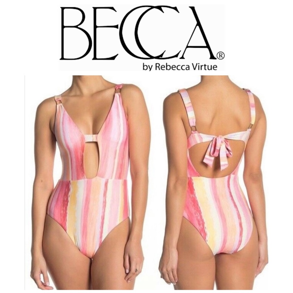 NEW BECCA Cabana Stripe Buckle Plunge One Piece Swimsuit